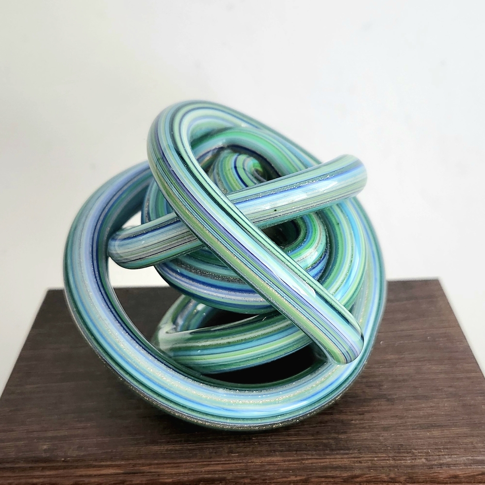 Abstract Blue and Green Glass Sculpture, Handcrafted Art Glass Orb, Modern Art